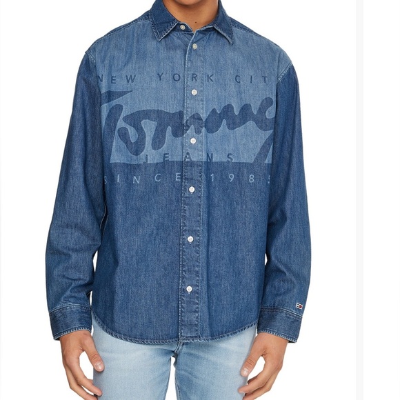 NWOT Men's Tommy Hilfiger Laserwd Wide  Denim  Logo Boxy Button Front Shirt XXL - Picture 1 of 8